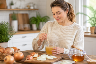 Frau informiert sich über Zwiebelsaft mit Honig: Ein bewährtes Rezept für Gesundheit und Wohlbefinden