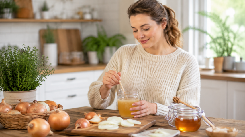 Frau informiert sich über Zwiebelsaft mit Honig: Ein bewährtes Rezept für Gesundheit und Wohlbefinden